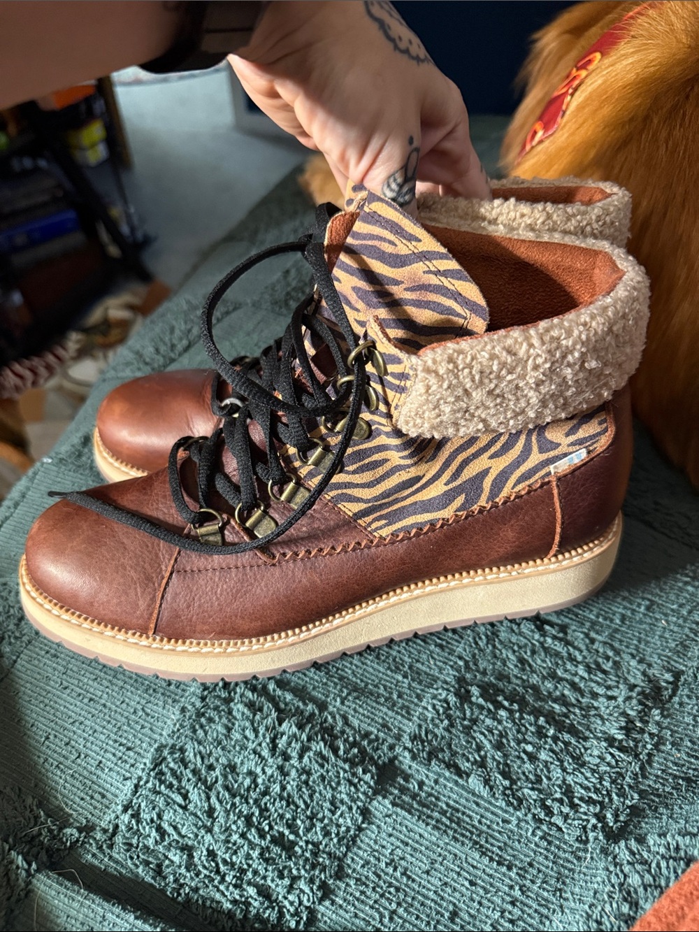 Toms Brown Leather Lace-Up Boots with Tiger-Print Accent